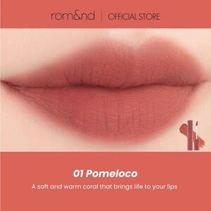Rom&nd 01 Pomeloco Blur Fudge Tint- soft & warm coral shade, matte, long wear